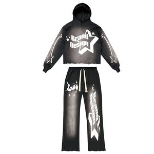 High Street Men's Heavyweight Winter Acid Wash Hoodie Flared Jogger Set French Terry Puff Printing Sun Faded Chándal Sólido - Product Image 4