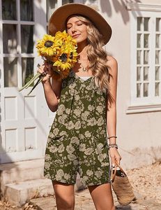 Women Floral Printed Spaghetti Strap <b>Jumpsuit</b> V-Neck Loose Fit Above Knee Casual Spring Summer Breathable Chiffon Shorts Outfit - Product Image 4