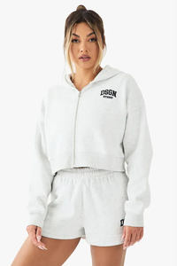 Venta al por mayor Ash Grey Drop Shoulder Mujeres Bordado Boxy Crop Zip Through Hoodie Anti-Arrugas y sudaderas con capucha transpirables para las mujeres - Product Image 5