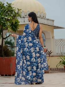Sari Indio Tradicional de Calidad de Exportación, Estilo Bollywood, Estampado Digital Blanco y Azul, Diseño Súper Popular para Mujer, Secado Rápido para Fiestas - Product Image 6