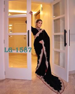 Black Color Heavy <b>Velvet</b> With Designer <b>Saree</b> Bollywood Style Party Wear Indian Wedding <b>Saree</b> Stunning Look <b>Saree</b> for Parties - Product Image 4