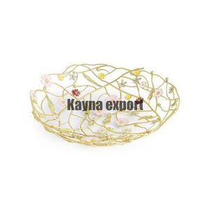 Lujo oro metal hermosa flor multicolor frutero artesanía alta calidad latón metal decorativo 22K oro plateado cuenco - Product Image 1