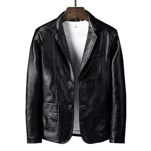 Chaqueta Varsity con Capucha de Cuero PU para Hombre, Corte Ajustado, Manga Larga, Cuello Alto, Estilo Punk Casual de Otoño - Product Image 1