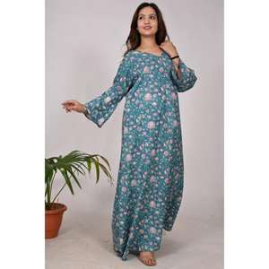 ชุดเดรสผ้าฝ้ายพิมพ์ลายบล็อกทำด้วยมือสำหรับผู้หญิงชุดเดรสยาวถึงพื้นสไตล์โบโฮอินเดียสำหรับใส่ไปงานปาร์ตี้หรือใช้งานแบบลำลอง - Product Image 3