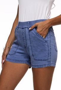 Short en jean pour femme taille haute été coton extensible décontracté sur la plage short en jean taille élastique avec poches - Product Image 5
