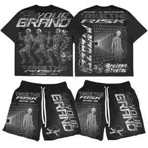 Camiseta de felpa transpirable personalizada para hombre, conjunto de pantalones cortos DTF DTG, ropa de calle con diamantes de imitación por sublimación, ropa de verano de dos piezas OEM 100% algodón - Product Image 4