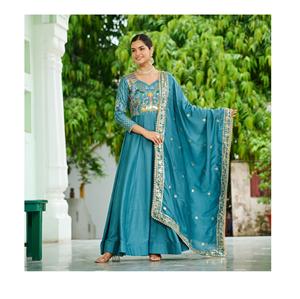 Robe Anarkali la plus vendue en soie Vichitra avec broderie et travail de séquence, tenue ethnique Anarkali pour la vente à l'exportation - Product Image 1