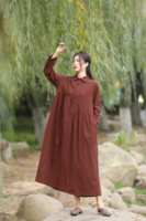 Robe longue maxi personnalisée pour femme, élégante et décontractée, en coton et lin, col boutonné, manches longues, silhouette évasée, robe d'été