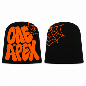 Bonnet tricoté personnalisé noir et orange motif araignée, unisexe, streetwear, chaud, style hip-hop, avec revers, pour l'hiver, fabrication - Product Image 1