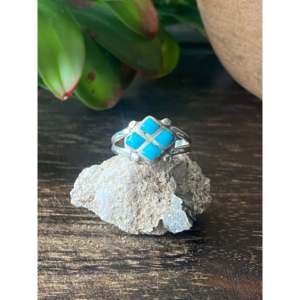 Navajo-Made Turquoise & Sterling <b>Silver</b> Inlay <b>Statement</b> <b>Ring</b> Size 5 for Everyday Wear HipHop Boho Dainty Style Fine Jewelry - Product Image 1