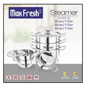 Cuisinière vapeur Maxfresh durable à 3 niveaux en acier inoxydable avec couvercle en verre facile à nettoyer pour la maison et le bureau - Product Image 2