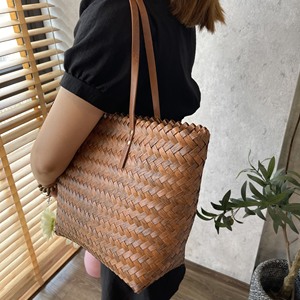 Brown Color Plastic Bag <b>Leather</b> Handle Handmade <b>Shopping</b> Bag for Women Best Selling 2023 - Product Image 4