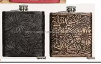 Étui en cuir véritable 7oz pour flacon de poche, motif floral gravé à la main, style western, cadeau pour hommes et femmes, étui personnalisé en cuir pour flacon