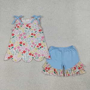 Ensemble d'été pour bébés filles RTS, hauts à volants bleus avec nœuds et fleurs, shorts à volants - Product Image 1