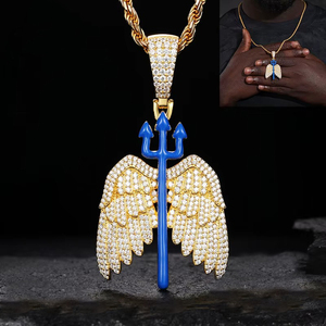 Alas de Ángel heladas y collar con colgante de Tridente azul, joyería llamativa de Hip Hop con piedras de moissanita para hombres y mujeres - Product Image 1
