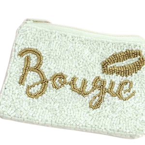 Handmade Bridal Black with <b>gold</b> letters and Lips on top Beaded Coin Purse Bride Mini Zipper Pouch - Product Image 2