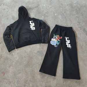 Custom Rhinestone <b>Embroidery</b> Tracksuit Streetwear Pullover Vintage Distressed Flared Sweatpants and Hoodie <b>Set</b> OEM Serviced - Product Image 1