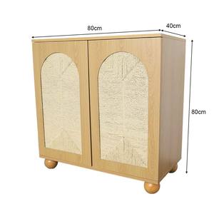 Buffet <span class=keywords><strong>en</strong></span> bois naturel avec portes <span class=keywords><strong>en</strong></span> rotin cintrées Étagères réglables Pieds ronds pour le rangement de l'entrée du salon - Product Image 5