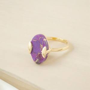 Bague en argent sterling 925 plaqué or 18 carats de créateur, faite à la main, ovale, violet, turquoise, pierre précieuse, lunette, pièce de déclaration pour - Product Image 2