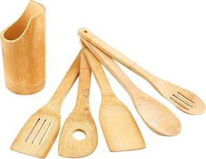 Set of 5 Bamboo Wooden <b>Serving</b> <b>Spoons</b> with Round Holder for Kitchen Table Top Low Price Cooking Utensils - Product Image 1