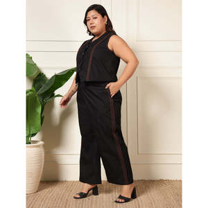 Ensemble coordonné Deebaco pour femmes, noir uni, grande taille, ensemble blazer sans manches à col en V avec pantalon large, tenue occidentale en deux pièces - Product Image 4