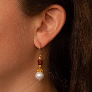 Adorable Pretty Pearl Ruby Gemstone Gold Plated 925 Silver Unique Design Casual Dangle Drop <b>Earrings</b> Women's Gift - Product Image 2
