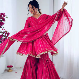 Handcrafted Ethnic Faux Georgette Sequined Gown Four-Side <b>Lace</b> Dupatta <b>Elasticated</b> Waist Wrinkle-Free Quick-Dry Party Winter - Product Image 1