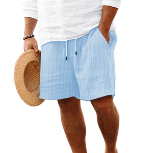 Short d'été en mélange de coton pour hommes, taille élastique, poche avec cordon de serrage, 15 couleurs, motif vertical, sport pour le travail sur la plage. - Product Image 1