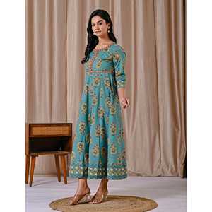 Vestido de Algodón Estampado Butta Block, Azul Marino, Largo hasta la Rodilla, Diseño Personalizado, Transpirable, Casual, Elegante, con Botones, Tallas XS, S, M, L, XL, 5XL, para el Día - Product Image 6