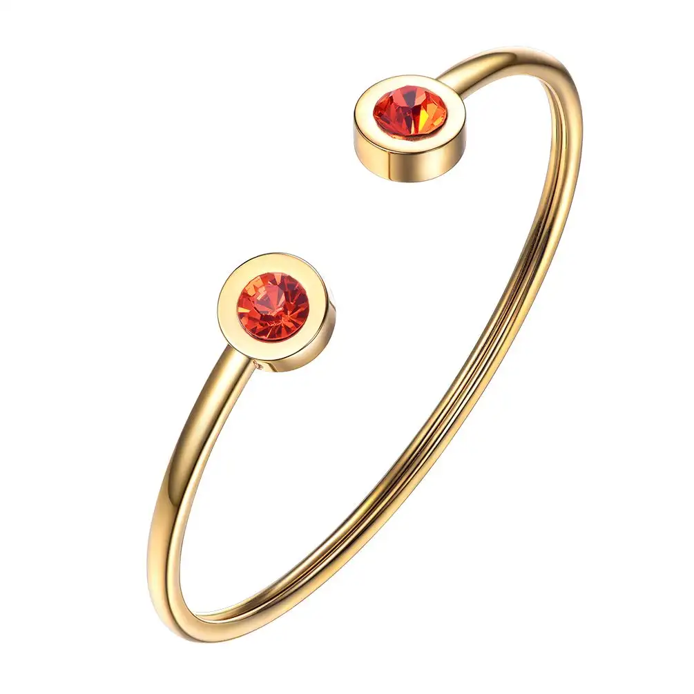 Garnet Gold Plated Stainless Steel Red Crystal Bangle Girl Jewelry Birthday Gift Open Cuff Bangle Stainless Steel Bangle Cuff