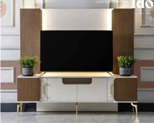 Soporte de TV minimalista moderno de lujo de madera maciza con mesa de vidrio para el hogar, oficina, sala de estar, dormitorio o comedor - Product Image 4