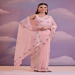 Dernier sari indien traditionnel exclusif en georgette douce, broderie imprimée, travail de séquence de zari, sari élégant pour mariage de mariée - Product Image 2