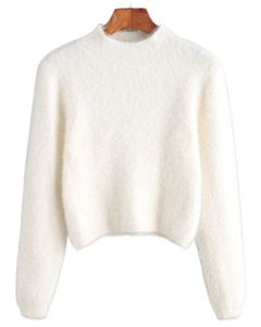 <b>Womens</b> Ivory White Fuzzy Knit Cropped Sweater Long Sleeve Soft <b>Warm</b> Winter Pullover Minimal Casual Fashion Top <b>For</b> <b>Women</b> - Product Image 1