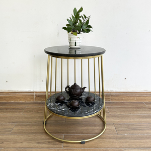 Contemporary Two-tiered <b>Side</b> <b>Table</b> with Stone Top and <b>Gold</b>-colored Iron Frame (SST027) - Product Image 3