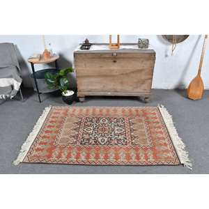 Alfombra turca Vintage clásica naranja Beige 3,3X4,9 pies Patchwork Alfombra de lana respaldo de látex para decoraciones de sala de estar - Product Image 1