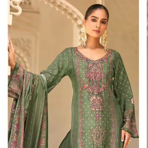 Ensemble Pure Maslin Shalwar Kameez avec impression numérique Aari travail à la main fond en viscose rayonne et Maslin assorti Dupatta - Product Image 1