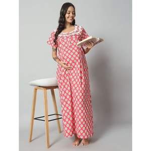 Chemise de nuit de maternité en dentelle 100% coton pour femmes, manches courtes, longueur totale, tissu respirant, col imprimé géométrique, élégante, été - Product Image 1