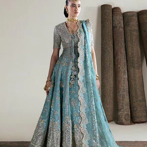 Elegante Vestido Maxi de Gasa con Encaje, Cristales y Volantes Bordados, Adorno a Mano para Mujer, Ropa de Fiesta de Boda Pakistaní e India - Product Image 1