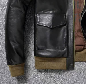 Blouson d'aviateur A2 pour hommes personnalisé Blouson de moto court en cuir naturel lâche tissu en toile - Product Image 6