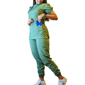 Conjunto de Uniforme Médico de Mezclilla para Mujer con Detección de Agujas, Uniforme de Enfermera Moderno con Mangas Abullonadas y Pantalones con Cordón - Product Image 2