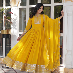 Grootinn filles élégantes robe traditionnelle Anarkali georgette broderie séquence travail prêt à porter costume de mariage pour les fêtes - Product Image 1