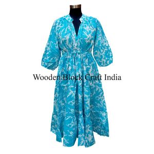 Vestido Midi Holgado con Cuello en V, 100% Algodón, Estampado Floral Hecho a Mano, Mangas 3/4, Cierre de Botones, Transpirable, Natural para Uso Diario - Product Image 2