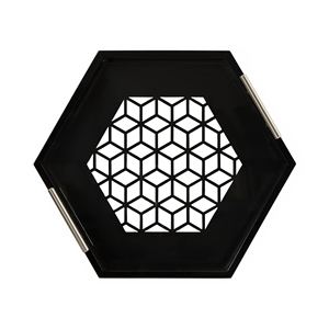 Plateau de service décoratif en métal noir moderne avec poignées, base géométrique avec plateau en acrylique pour les collations, décoration de table, utilisation à domicile - Product Image 3