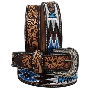 Ceinture perlée en cuir américain de luxe unisexe Western Bling Floral Handtooled Design Longueur personnalisée avec boucle en alliage Prêt à expédier - Product Image 1