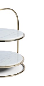 Support à gâteau de luxe à 2 niveaux en marbre blanc avec structure métallique, tour à cupcakes ronde moderne avec poignée arquée pour événements de mariage et cadeaux - Product Image 3