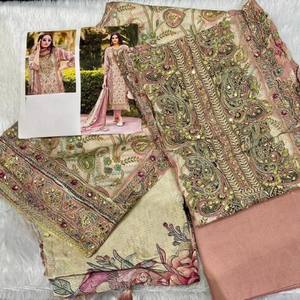 Matériel de robe de style ethnique en soie de maslin de viscose pure avec Aari et conception d'impression numérique - Product Image 2