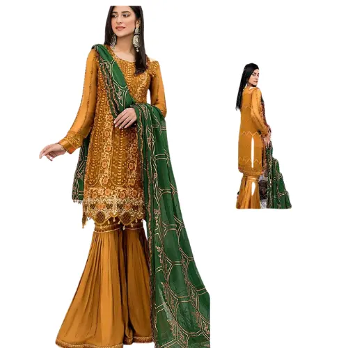 Nuovo elegante abito indiano PAKISTANI da giardino/PARTY in CHIFFON pronto da indossare abiti ricamati 3 pezzi di AA IMPEX