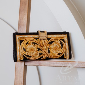 Cartera cruzada de cuero hecha a mano occidental, gran oferta, monedero de cuero genuino, billetera de lujo de piel de vaca Floral Buck Stitch para mujer - Product Image 5