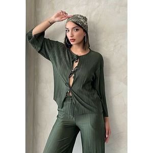 Blusa Elegante con Lazo Frontal y Pliegues para Mujer, Marca TOPSHOW, Color Sólido, Tejido de Algodón y Poliéster, Manga Larga, para Uso Diario - Product Image 2