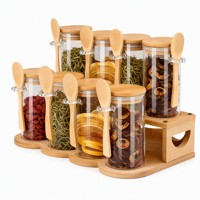 Ensemble de 8 pots à épices en verre hermétiques avec couvercles en bambou et cuillères en bois - Contenants de rangement de cuisine en borosilicate avec support